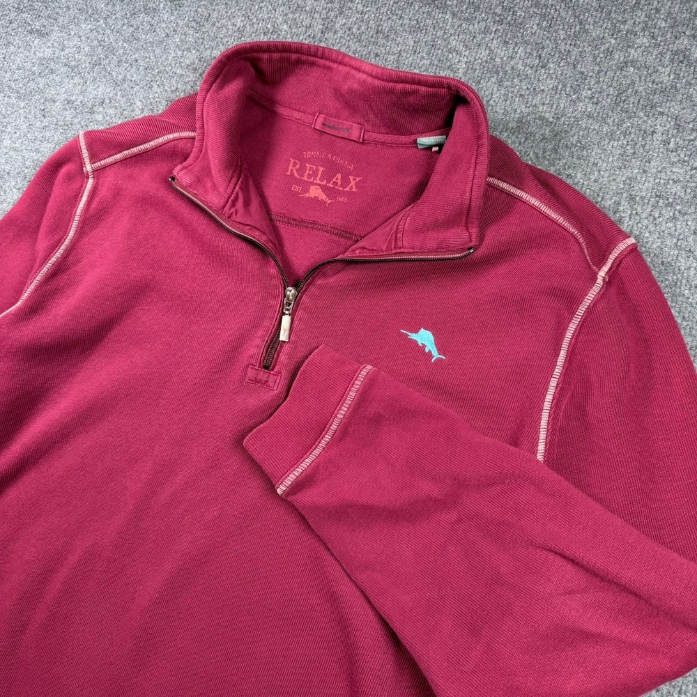 Tommy Bahama Relax Quarter Zip Mens XL Magenta Burgundy Cotton Sweatshirt